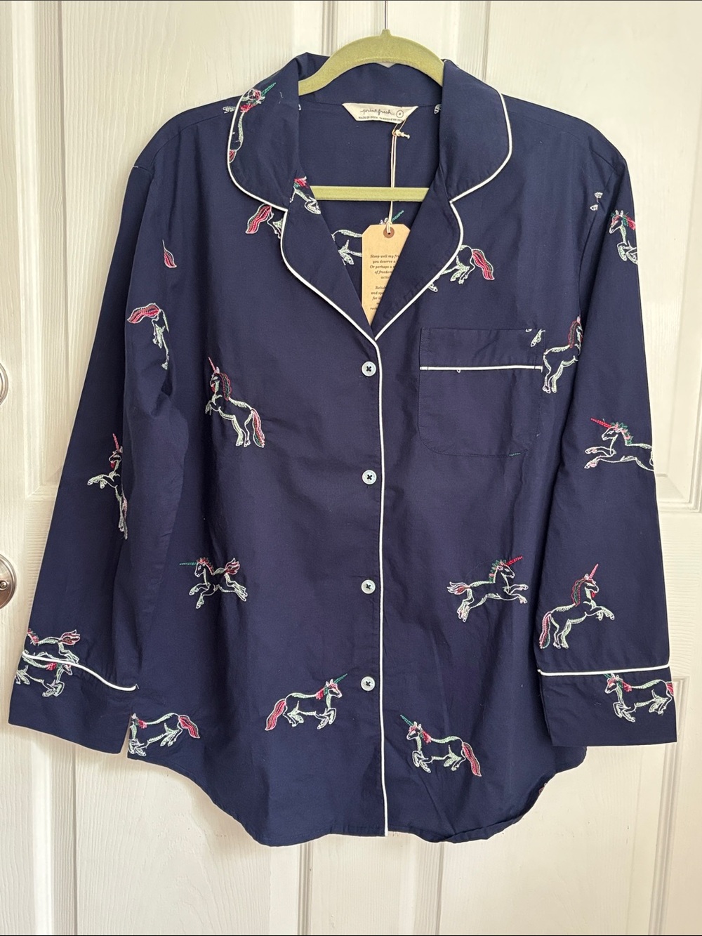 New Printfresh Navy Embroidered Unicorn Pajama Shirt Size Small Organic Cotton